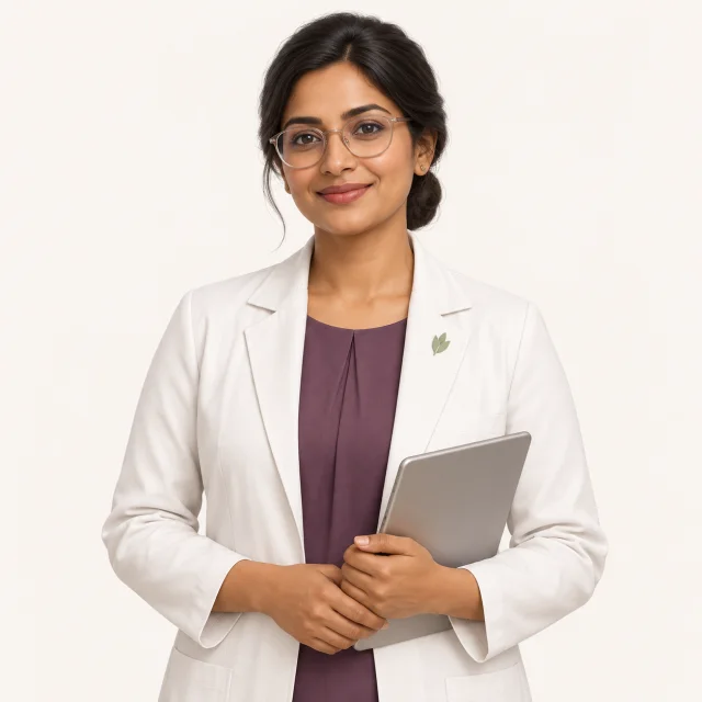 Portrait of the SkinFox care guide, a friendly product adviser in a white blazer