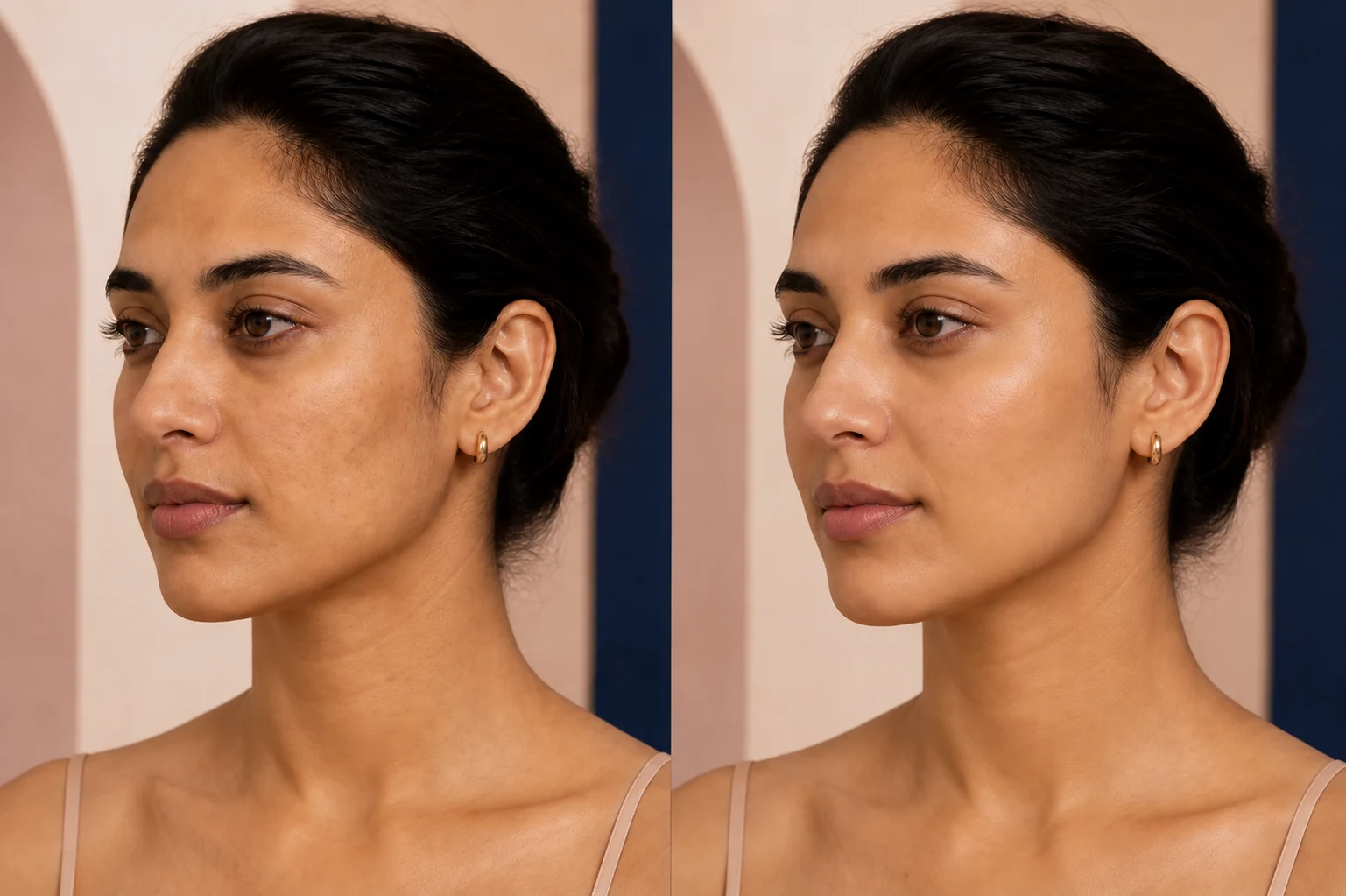Illustrative before-and-after comparison focused on uneven pigmentation on the same fictional adult model
