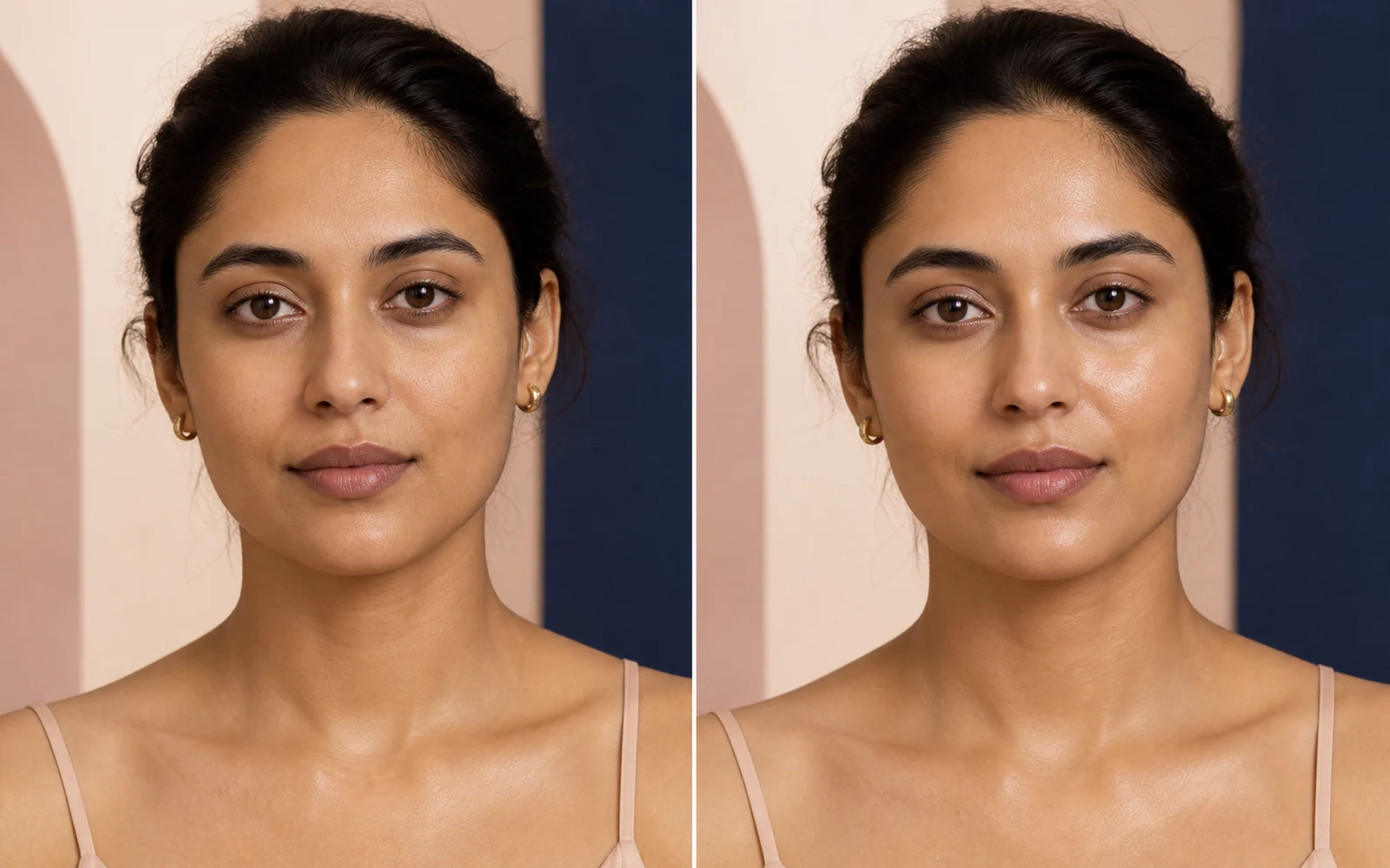 Illustrative side-by-side moisture ritual visual featuring the same fictional adult model