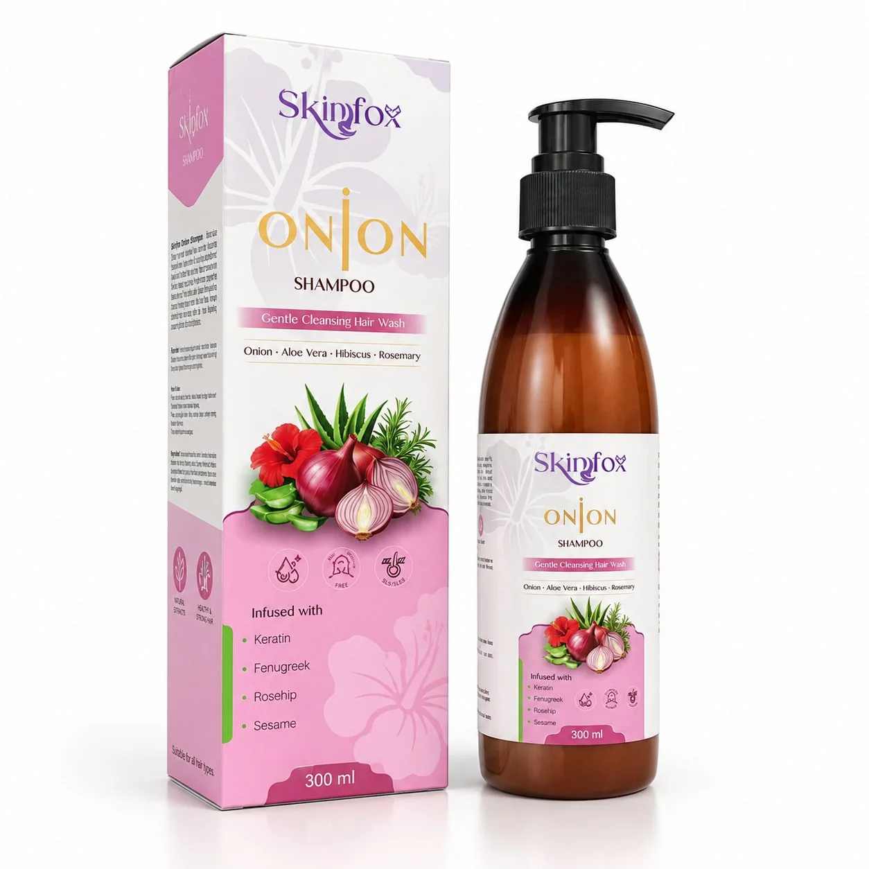 SkinFox Onion Shampoo 300 ml amber pump bottle with its pink carton