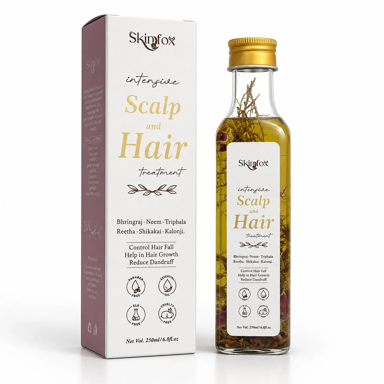 SkinFox Intensive Scalp and Hair Treatment 250 ml herbal oil bottle with its carton